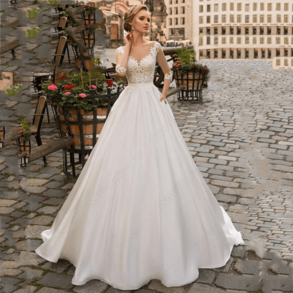 Vintage Lace Wedding Dress: A-Line Satin Bridal Gown with Long Sleeves, Appliques, and Pockets