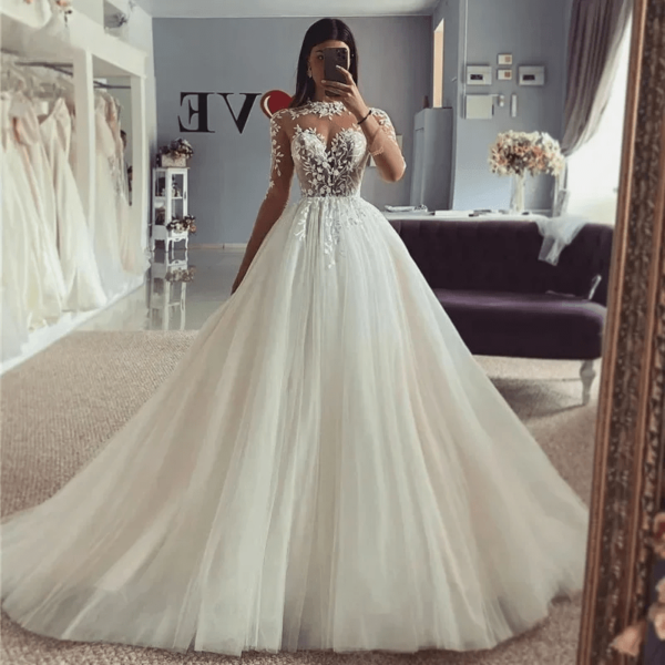 Long Sleeve A-Line Wedding Dress with High Neck and Appliqued Lace